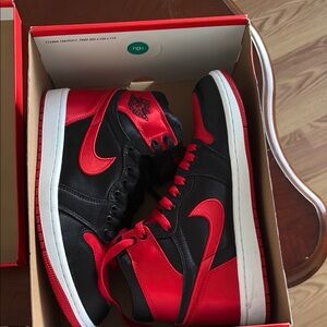 Nike Jordan I Retro Hi OG: Black and Red Satin W8.5